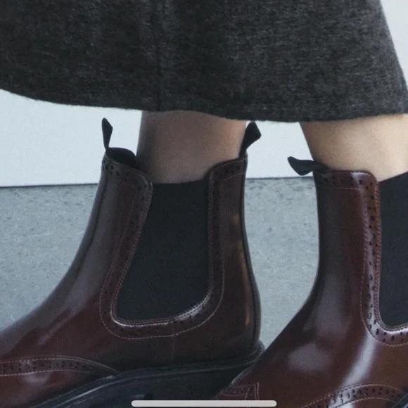 Zara Flat Wingtip Ankle Boots in Brown/Burgundy Size-10 NWT - Picture 5 of 15